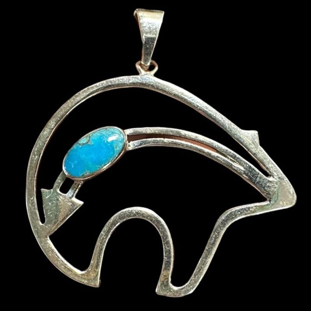 .925 Sterling Silver Turquoise Bear Pendant 1 1/2"